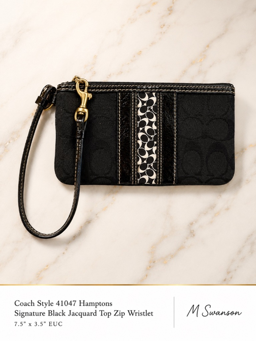 Coach Hamptons Signature Black Jacquard Top Zip Wristlet 41047